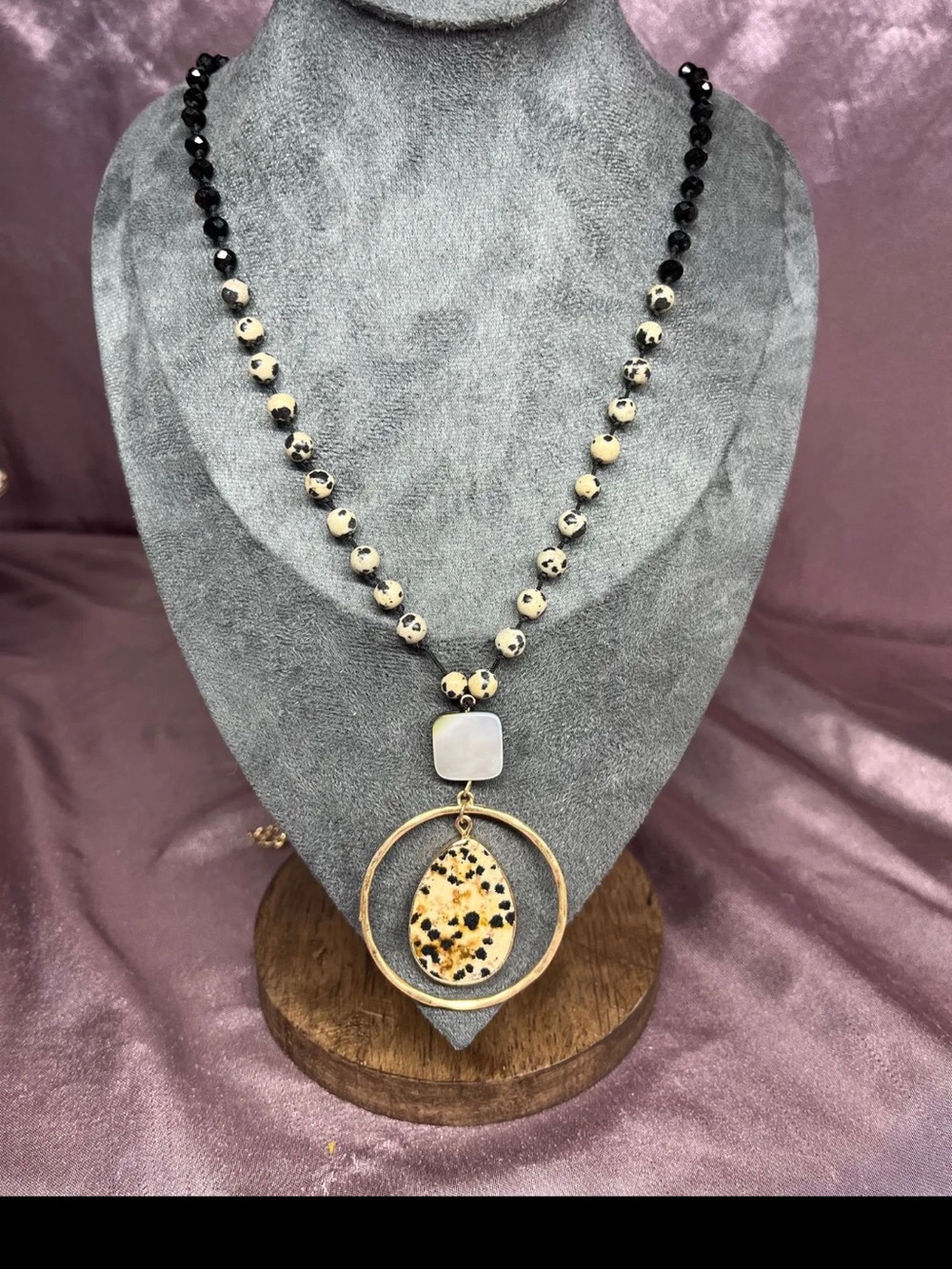 Natural Dalmatian Jasper Mother of Pearl Beaded Necklace